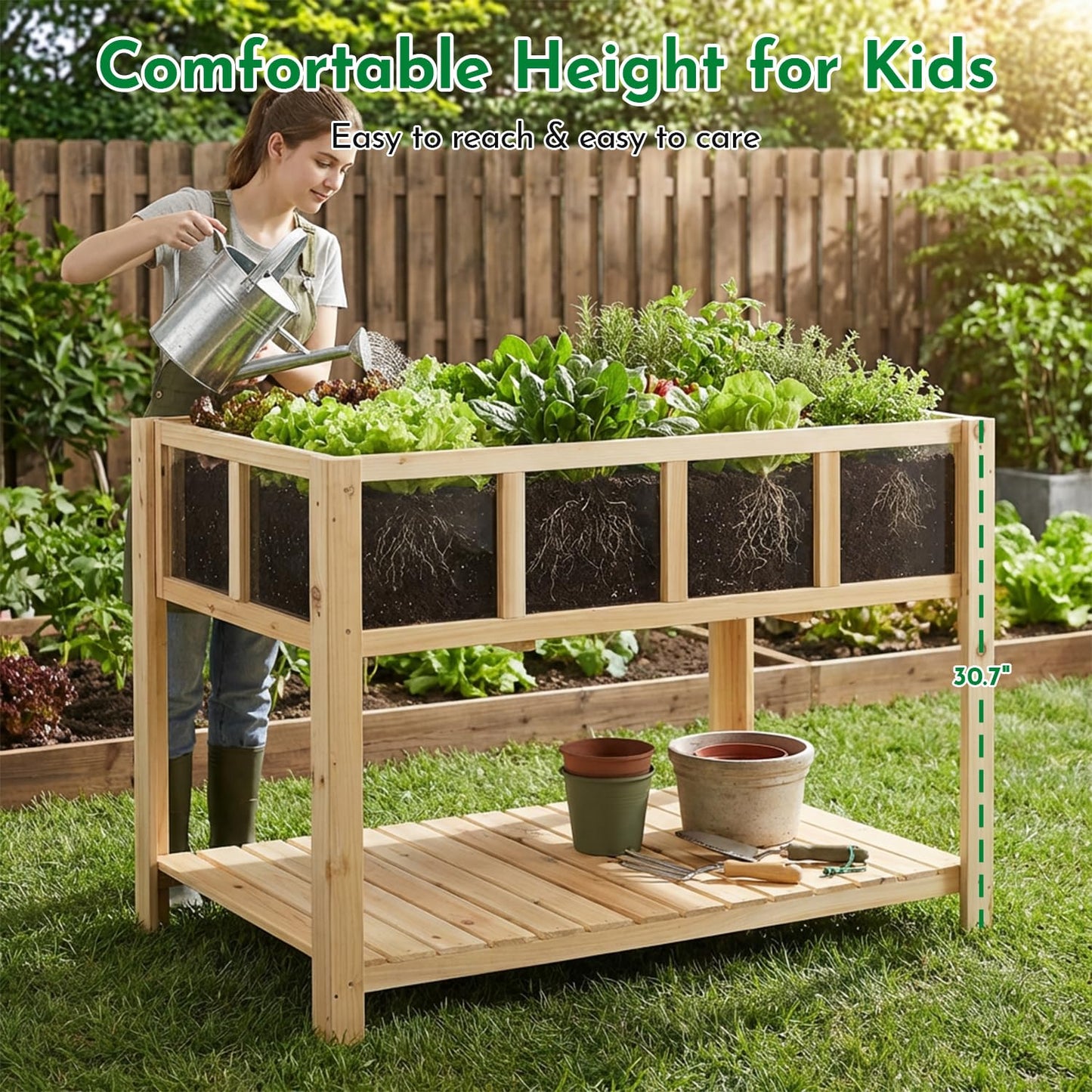 ketive Raised Garden Bed with Transparent Acrylic Panels, Elevated Wooden Raised Garden Bed Planter, Fir Wood Outdoor Planter Box for Herbs, Flowers & Patio Balcony Gardening (Natural)