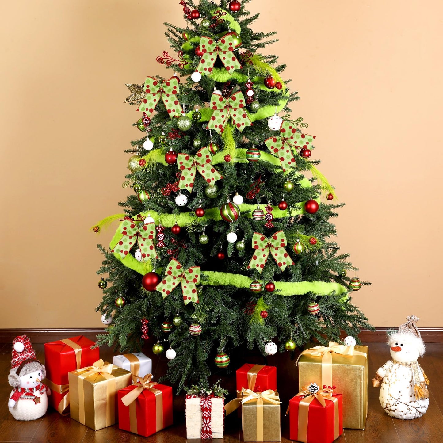 Leitee 109 Pcs Christmas Tree Decorations Lime Green Red Peppermint Candy Ball Ornaments Elf Christmas Tree Picks Swirl Glitter Xmas Stems Polka Dots Bow Home Faux Fur Ribbon for Holiday Party Decor