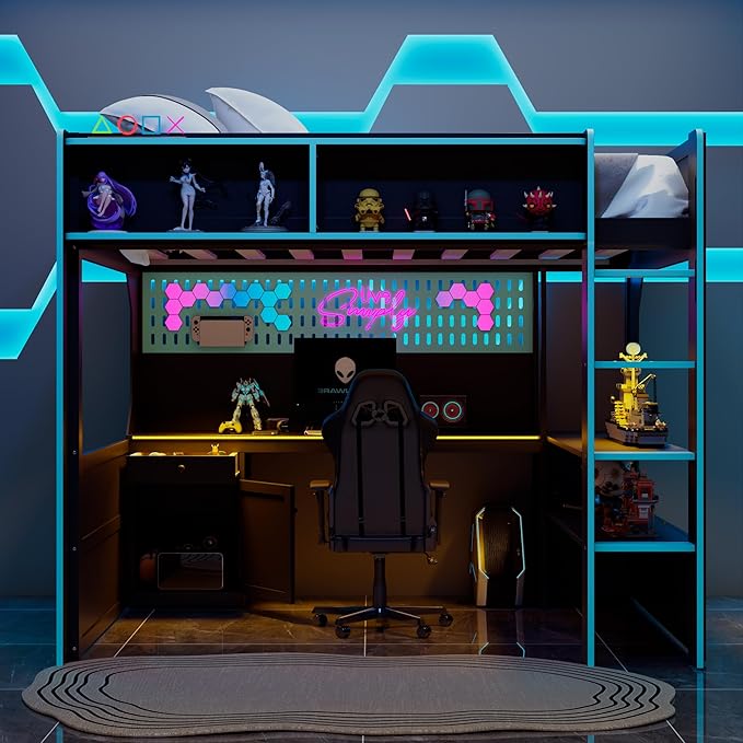Modern Gaming Loft Bed with Built-in Desk, LED Lighting & Charging Hub – Full