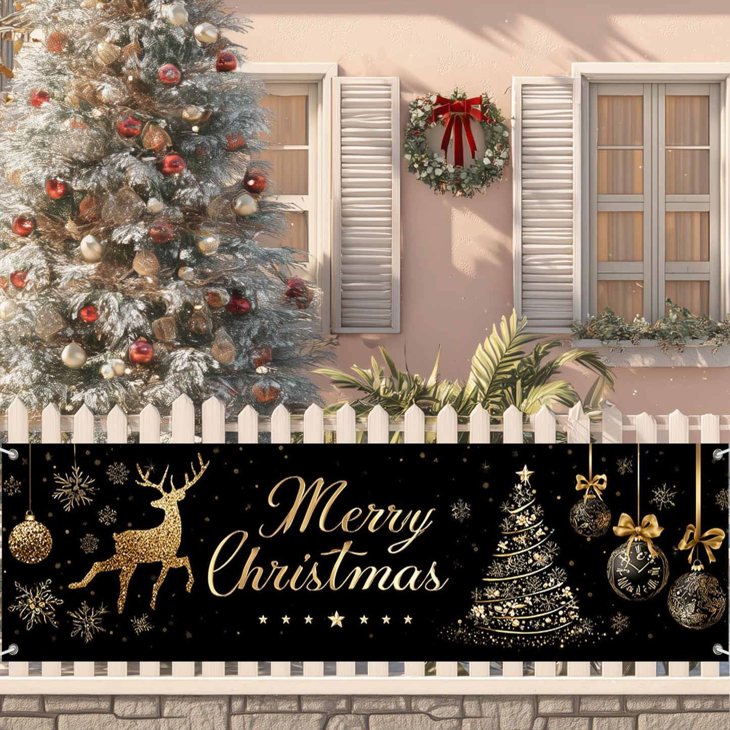 HOMETITUTE Large Merry Christmas Banner 118x35 Inch Black Gold Christmas Banner with Reindeer Tree and Ornaments for Holiday Party Wall Yard Garden Indoor Decoration Backdrop Display