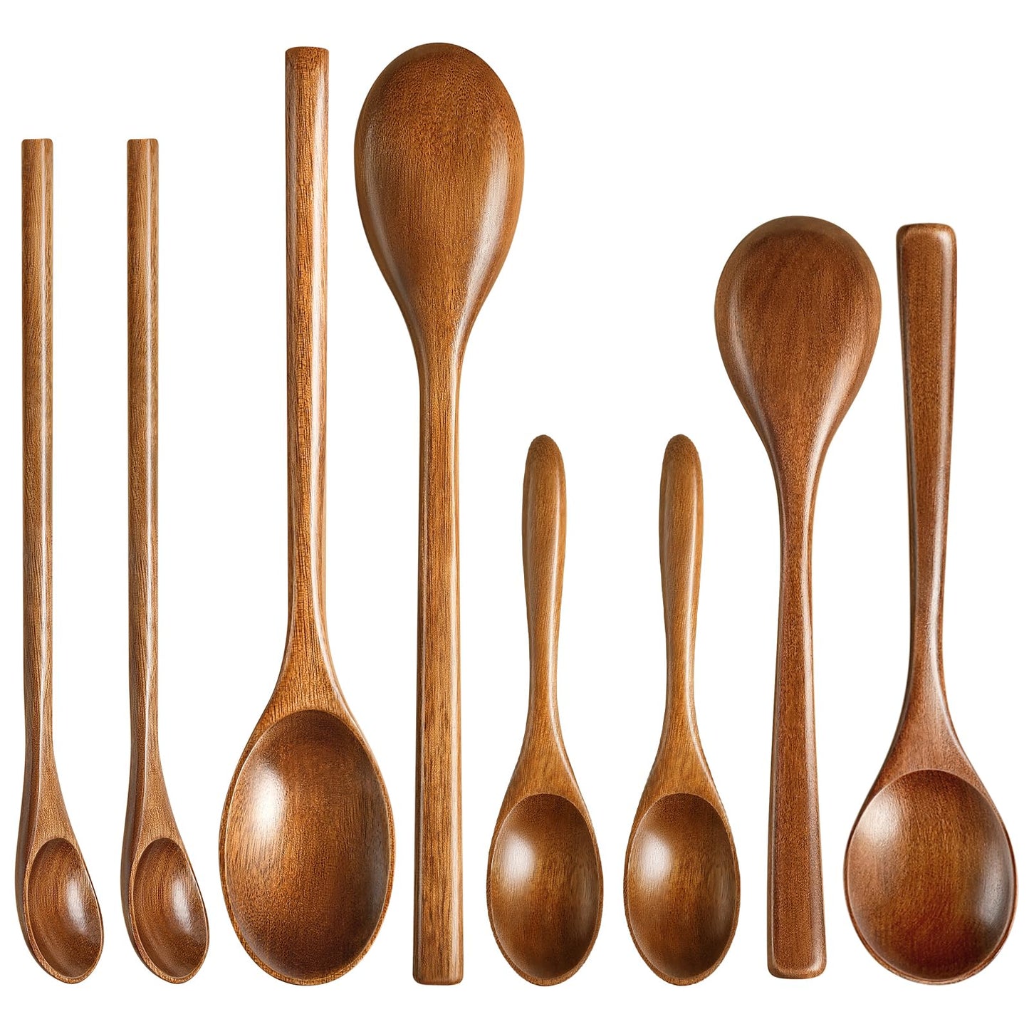 MORGLES 8Pcs Small Wooden Spoons Set – 4 Sizes & Shapes for Honey, Coffee, Tea, Soup & Oatmeal | 2 Round Spoons Included | Handcrafted, Food-Safe Finish