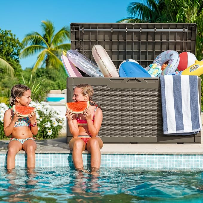 Greesum 100 Gallon Resin Deck Box Large Outdoor Storage with Cushions for Patio Furniture, Garden Tools, Pool Supplies, Weatherproof and UV Resistant, Lockable, Coffee