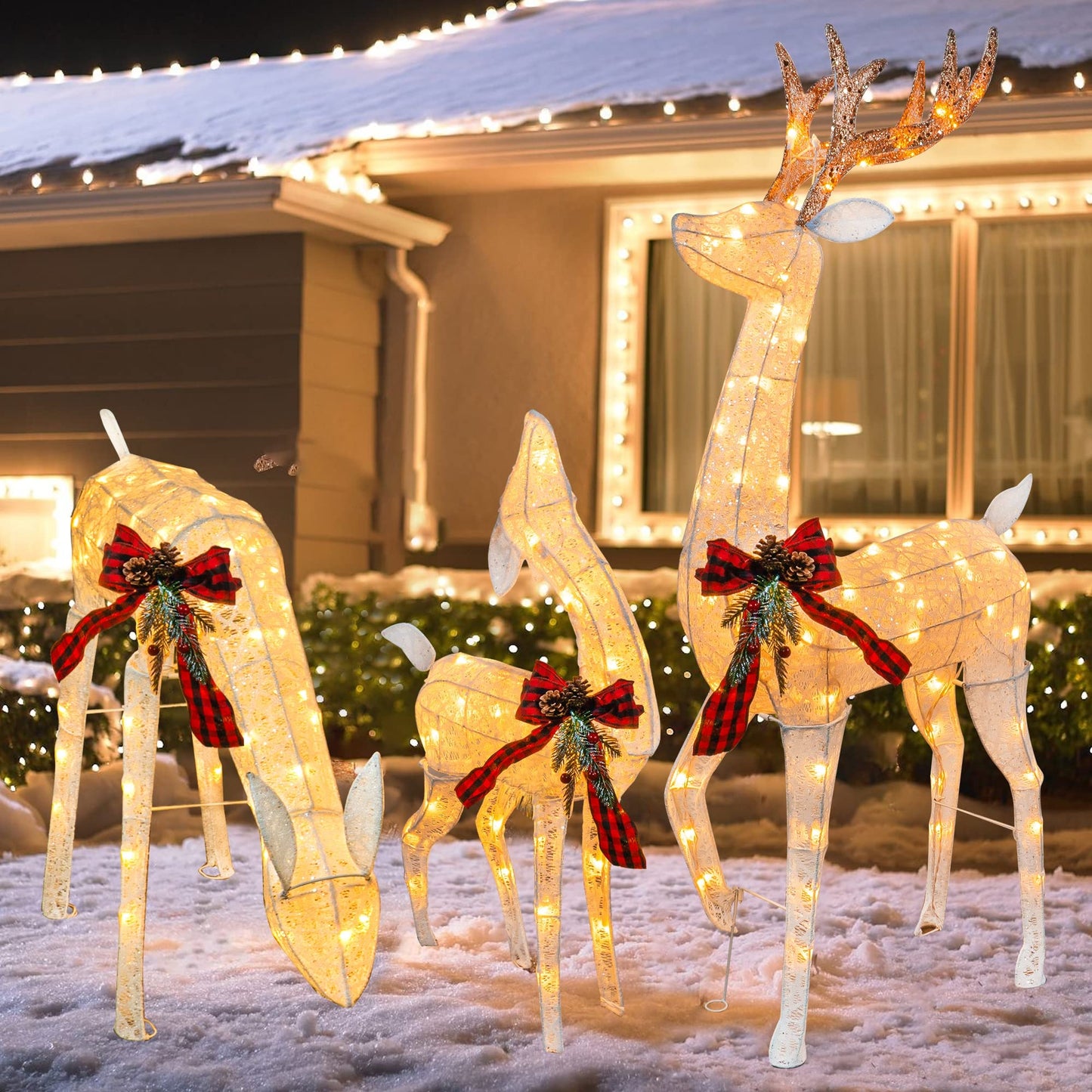 Hourleey 3-Piece Pre-Lit Reindeer Family Set, 3D Plug in 170 Count Warm White Lighted Decoration, Waterproof Outdoor Christmas Deer Decor for Yard, Patio, Lawn, Garden, Party