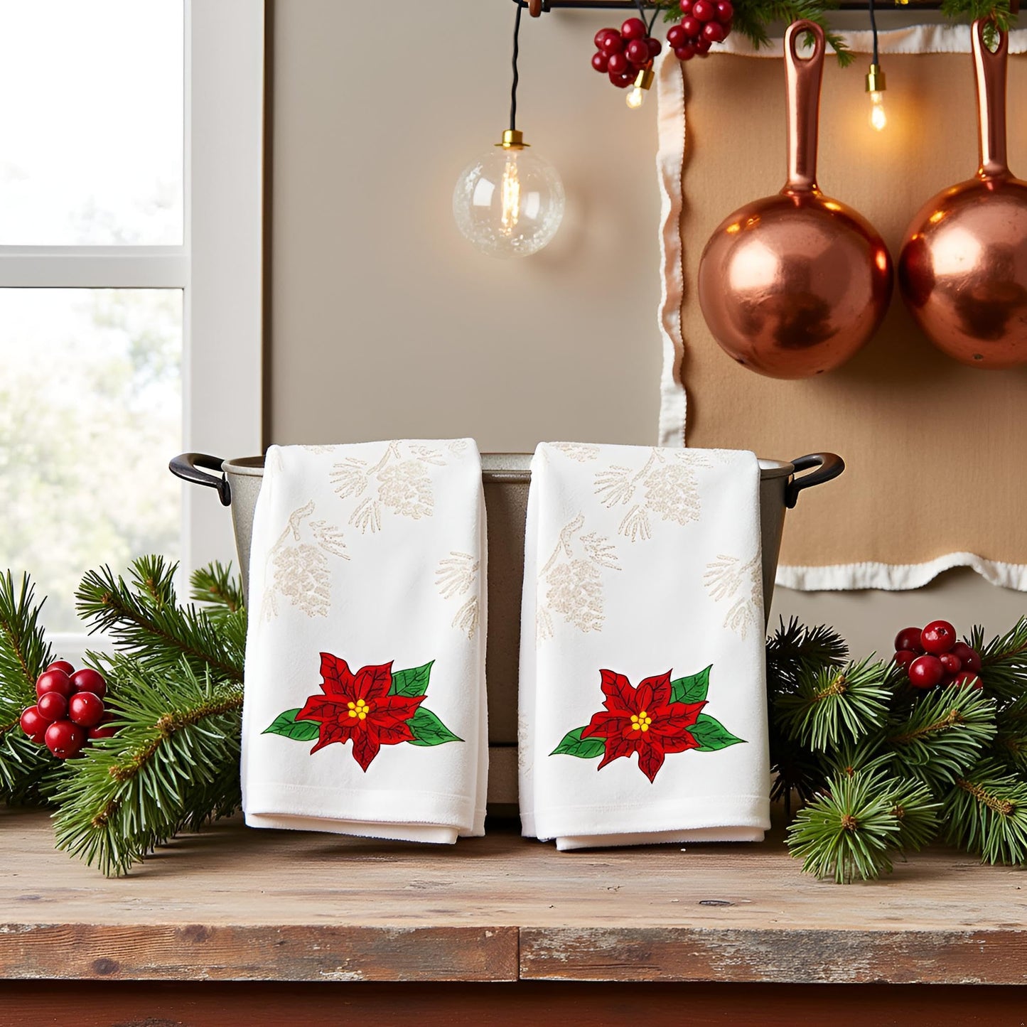 Xkdamai 2 Pack Christmas Hand Towels 100% Cotton Jacquard Pine Cone Embroidered Poinsettia Holiday Kitchen Dish Towels Retro Neutral Beige Bathroom Towels Set Gift Seasonal Xmas Winter Bathroom Decor