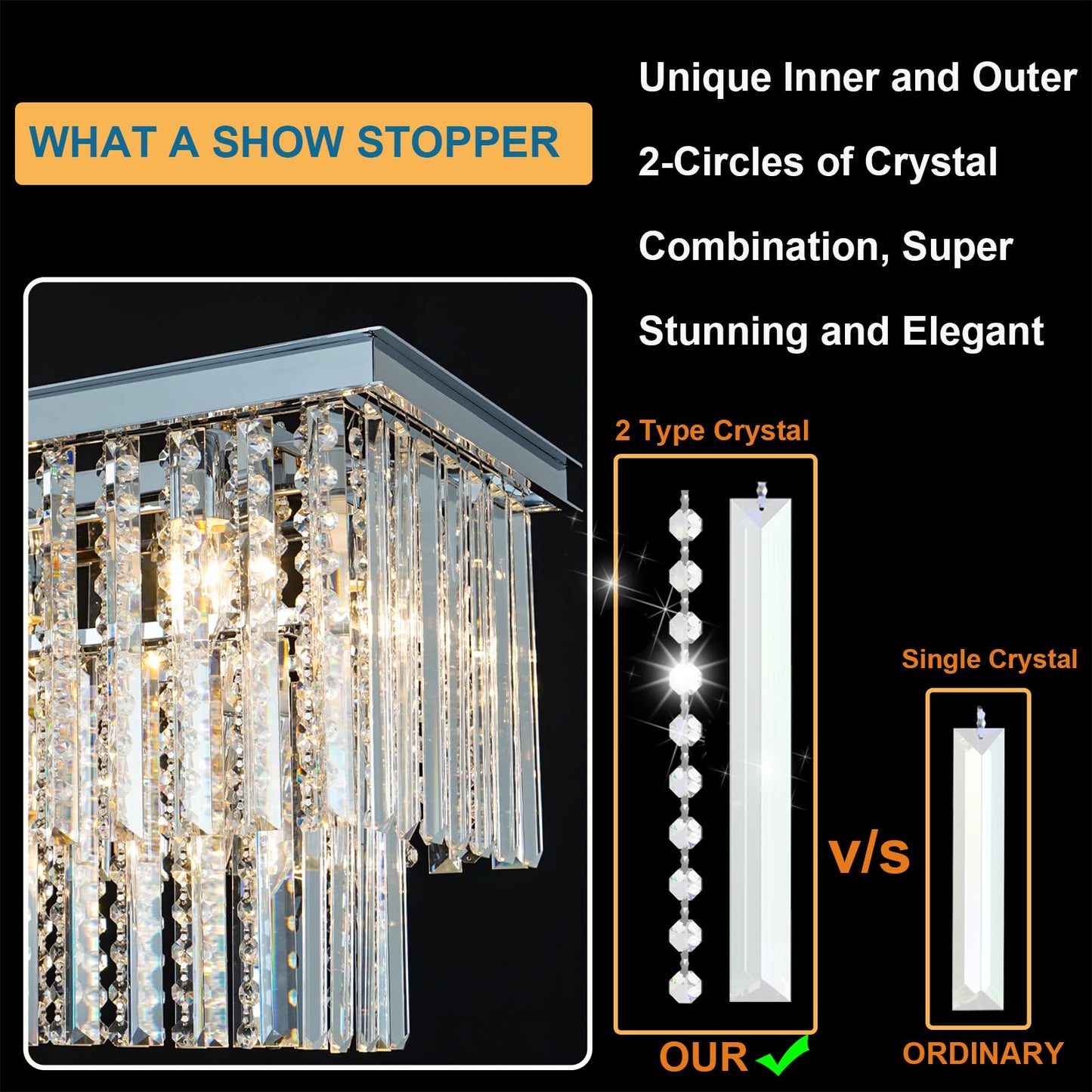 Arotikee Luxury Rectangular Crystal Chandelier for Dining Room, 55" Modern Chrome Linear Chandelier Over Table, Statement Lighting for Kitchen Island & Living Room