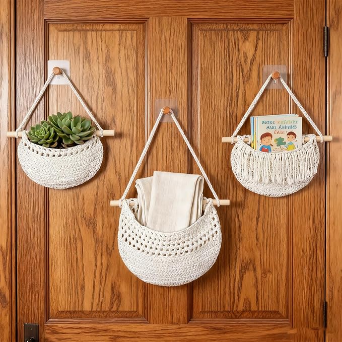 3 Tier Hanging Fruit Baskets for Kitchen, Boho Cotton Rope Handwoven Vegetable