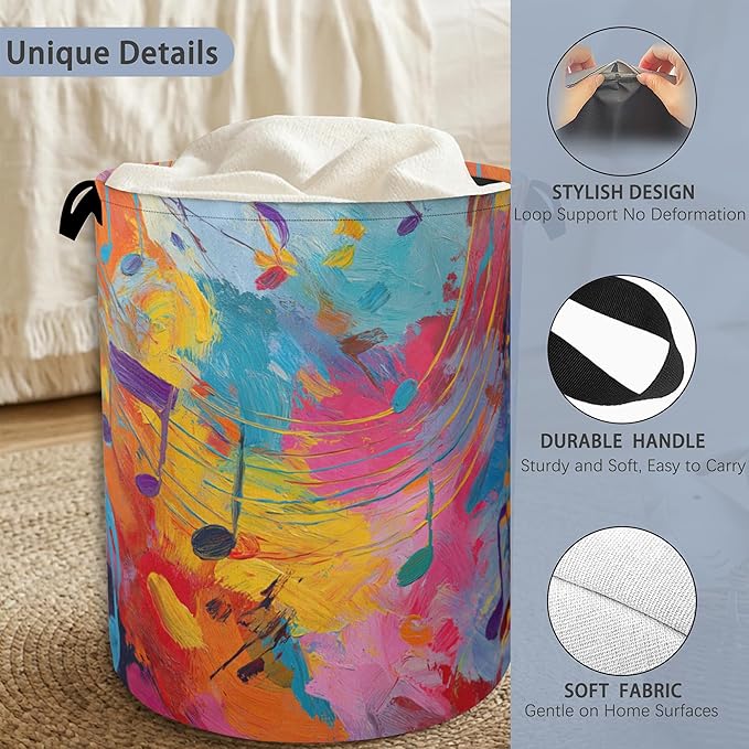 Colorful Music Symbols Laundry Basket, Foldable