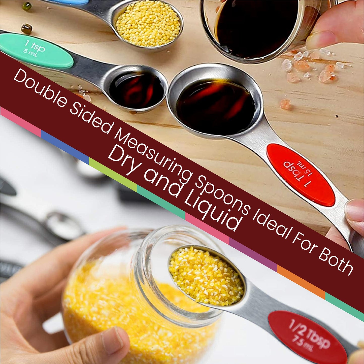 Magnetic Measuring Spoons Set of 9 Stainless Steel Dual-Sided Stackable Measuring Spoon Nesting Teaspoons Measuring Dry and Liquid Ingredients, Fits in Spice Jars Set of 9 (Multicolor)