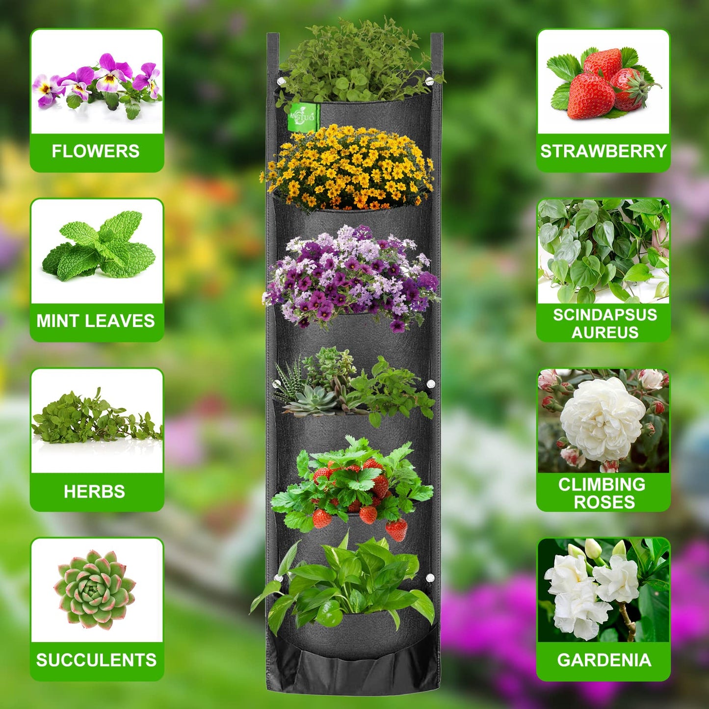 ANGTUO 6 Pockets Hanging Planters for Outdoor Plants, One Pack Wall Planter Vertical Garden, Hanging Plant Holder for Railing, Balcony, Fence