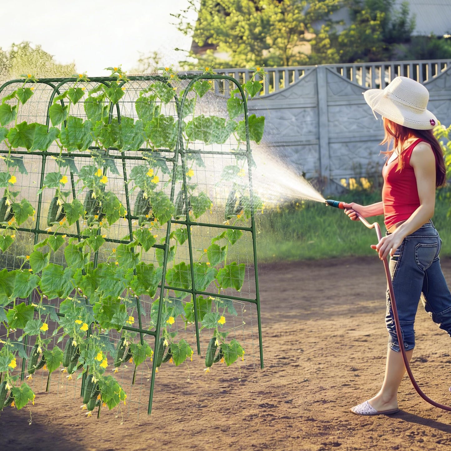 Nexum Cucumber Trellis for Raised Bed, 63"x47.2" U-Shape Garden Trellis for Climbing Plants Outdoor with Climbing Net, Metal Arch Plant Support for Cucumbers Tomatoes Peas Beans