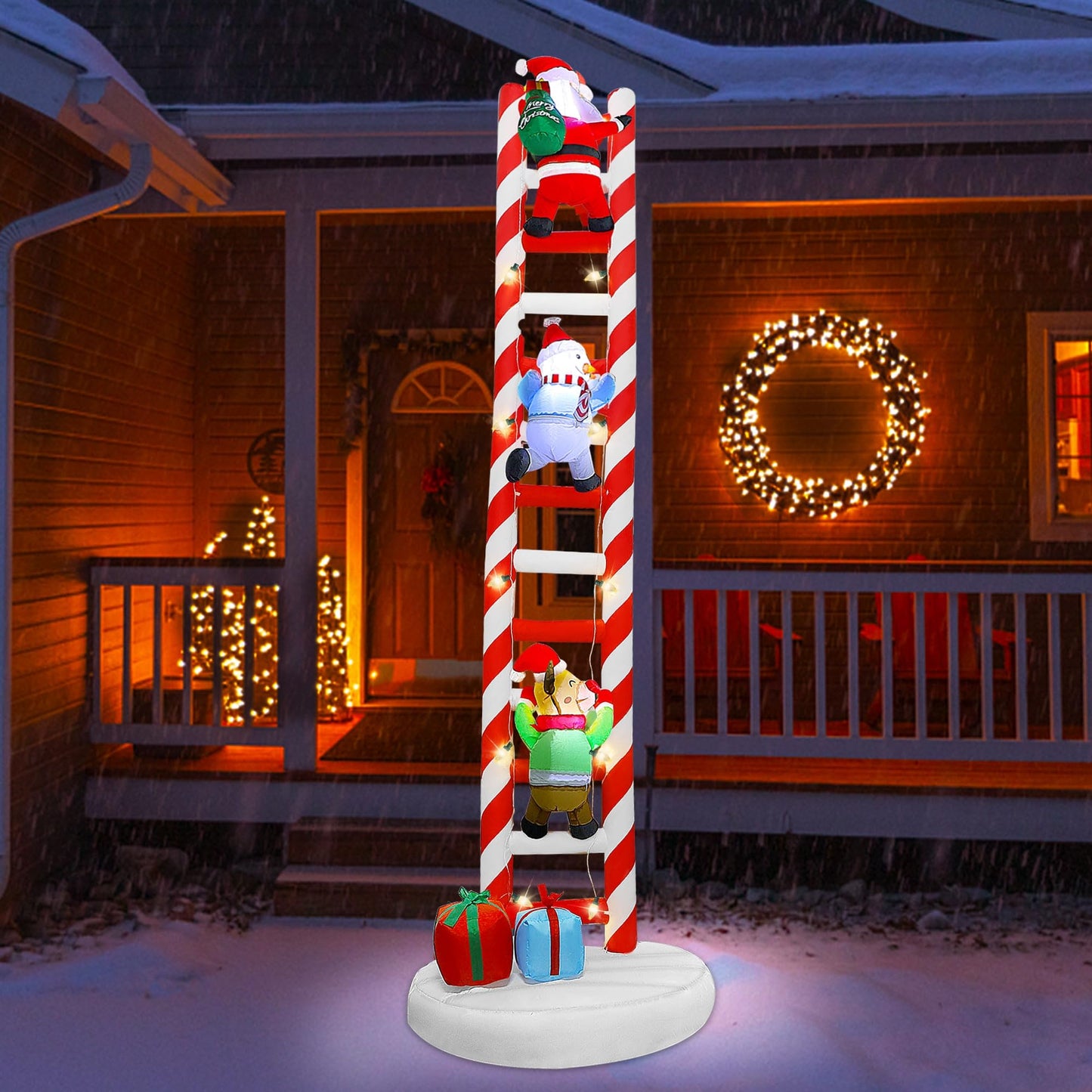 Joliyoou 10FT Christmas Inflatable Decorations, Giant Lighted Ladder Blowups Climbed with Reindeer, Santa, Snowman, C7 String Lights for Xmas Winter Holiday Roofs Trees Balconies Decor