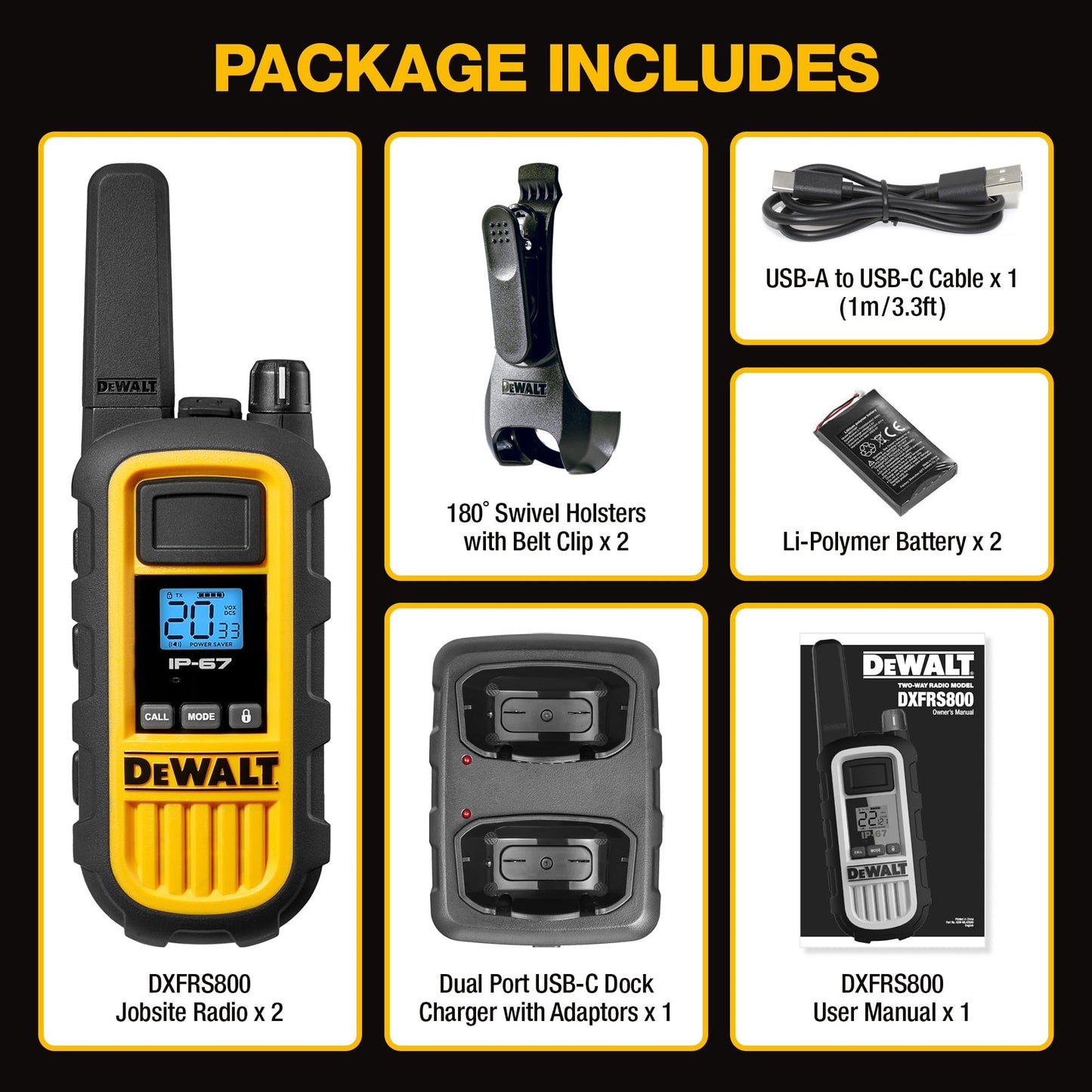 DEWALT DXFRS800 FRS Walkie Talkies Long Range 2 Way Radio, 2 Watt, Waterproof & Rechargeable, 2 Pack