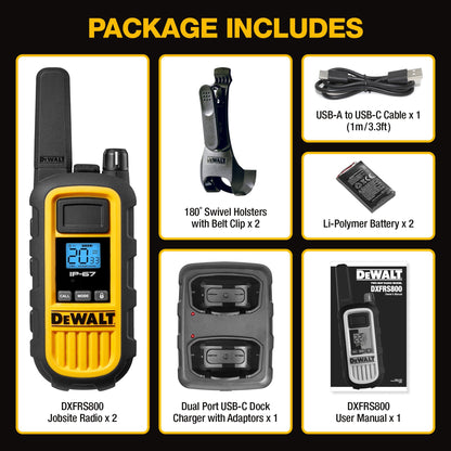 DEWALT DXFRS800 FRS Walkie Talkies Long Range 2 Way Radio, 2 Watt, Waterproof & Rechargeable, 2 Pack