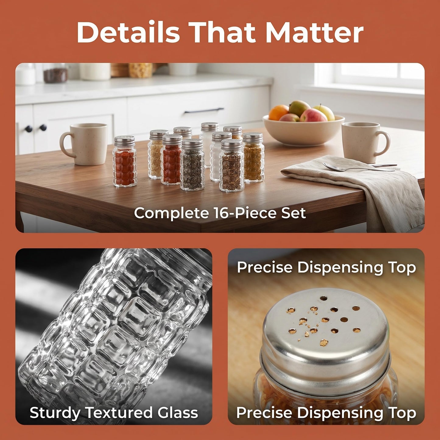 Jucoan 16 Pack Retro Style Glass Salt and Pepper Shakers with Stainless Steel Top, 2 oz Small Glass Spices Shakers Seasoning Bottle Jars for Kitchen Restaurant Wedding BBQ Party Camp Travel