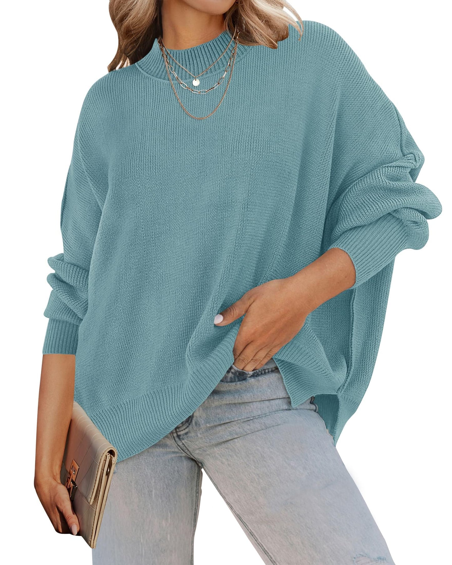 ZESICA Women's Fall 2025 Casual Long Sleeve Crew Neck Side Slit Oversized Ribbed Knit Pullover Sweater Tops