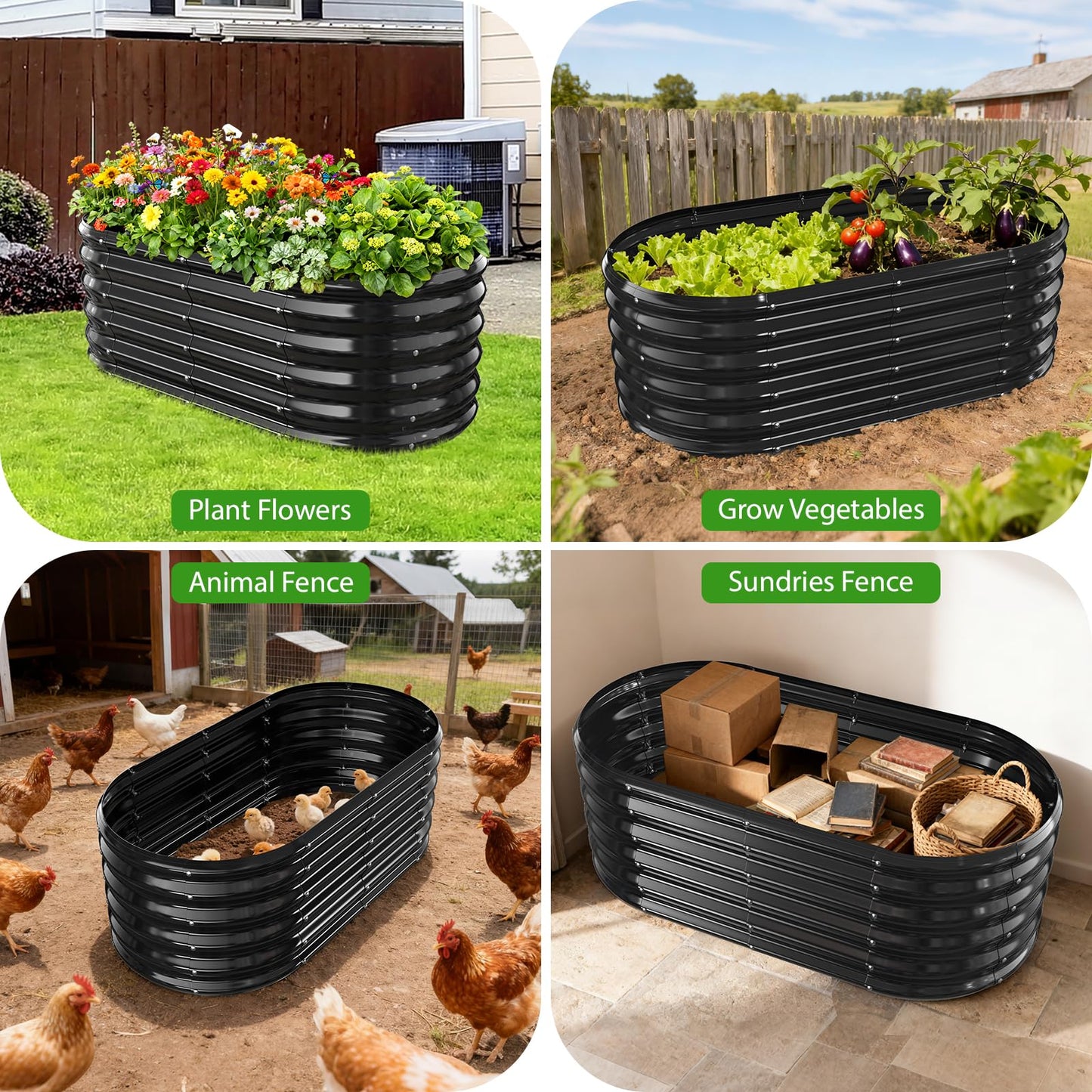 YSEJOMP 17" Tall Outdoor Garden Raised Garden Bed Kits, 4ft X 2ft Oval,0.8MM Thick Metal Raised Planter Bed/Ground Planter Box for Variety of Flowers,Herbs,Vegetables (Black, 48X24X16.5 Inches)