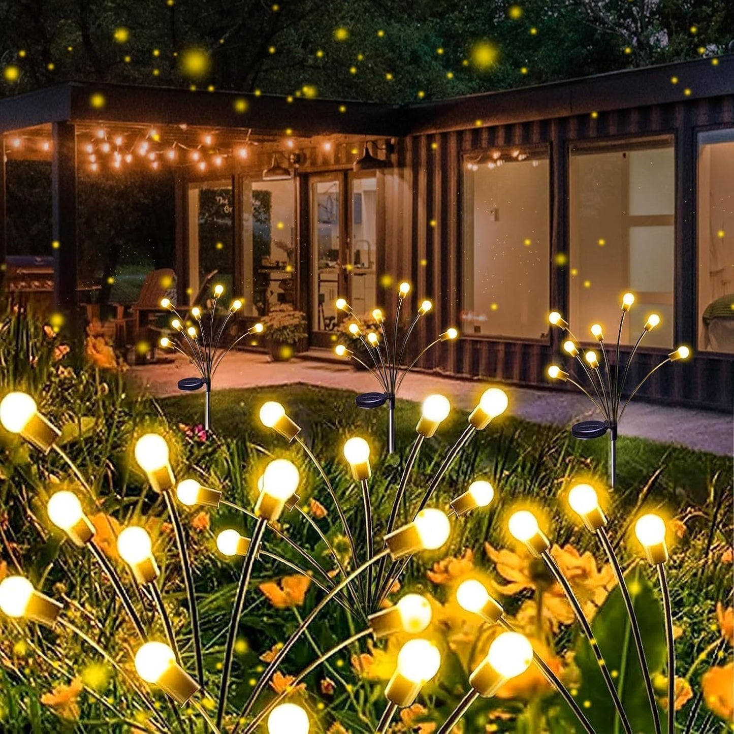Solar Garden Lights, 8 Pack 64LED Solar Firefly Lights, Waterproof Garden Light Outdoor with 2 Lighting Modes, Swaying Light for Outside Yard, Walkway, Patio, Lawn, Flower Bed Decoration (Warm White)