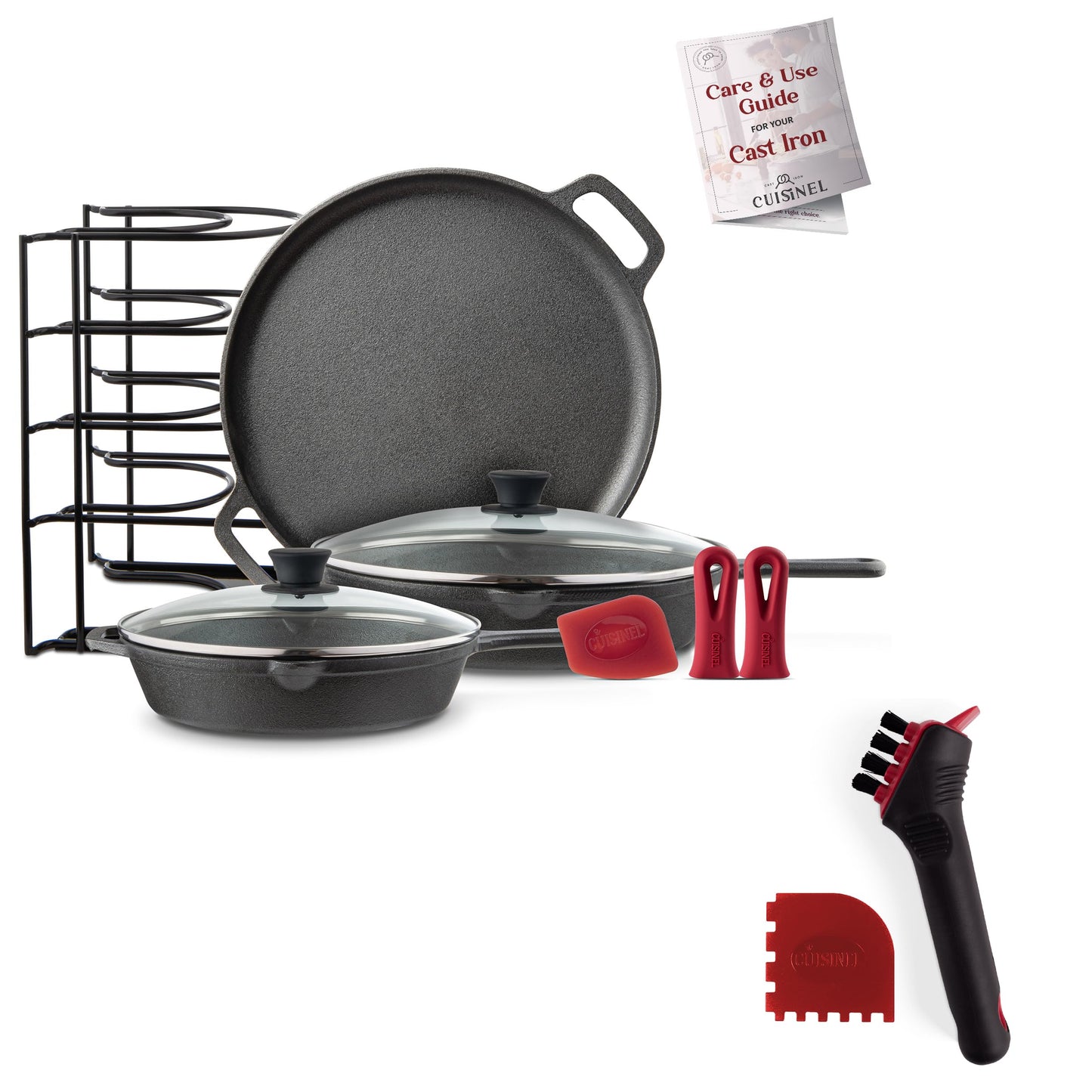 Cuisinel Cast Iron Cookware Set + Accessories - Skillets with Glass Lids + Pizza Pan + Pan Organizer Rack + Cleaning Scrub Brush