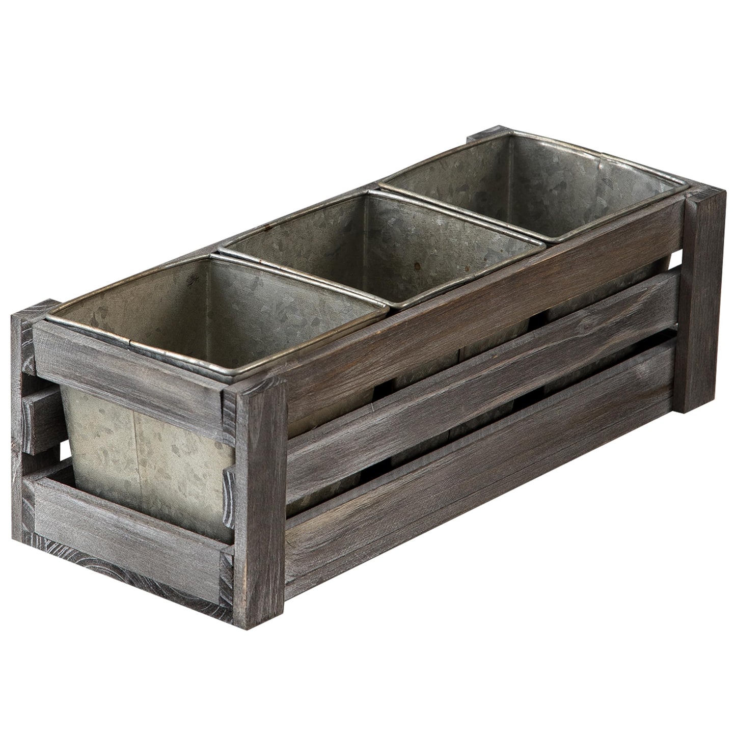 SOFE Rustic Wood Planer Box with 3 Galvanized Planter Pot, Indoor Windowsill Herb Garden Organizer, Plant Containers for Flower Succulent, Distressed Gray Finish