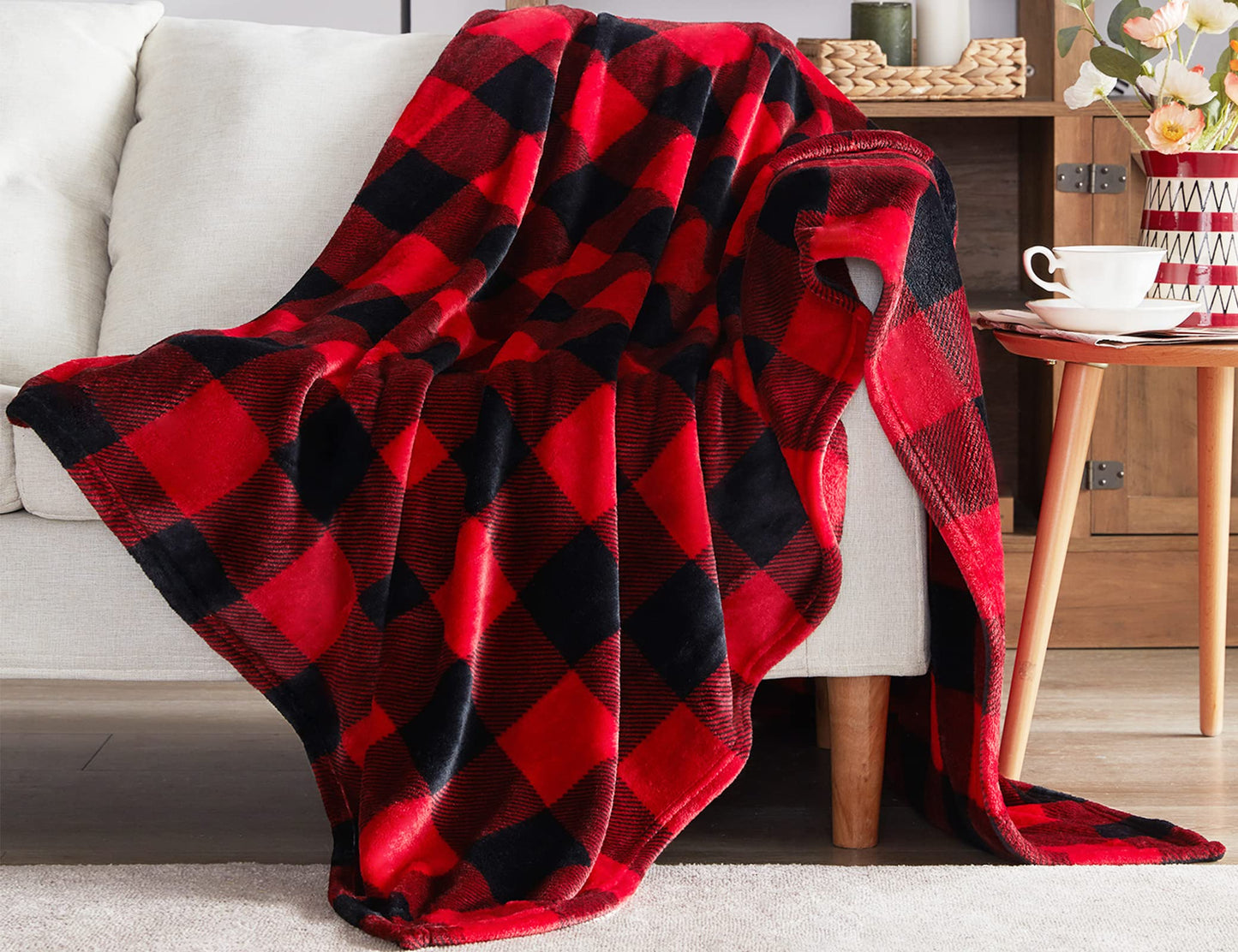Touchat Fleece Throw Blankets, Buffalo Plaid Throw Blanket for Couch Sofa Bed, Soft Warm Fuzzy Cozy Plush Checkered Blanket, Lightweight Farmhouse Decor(Red and Black Plaid, 50“ x60”)