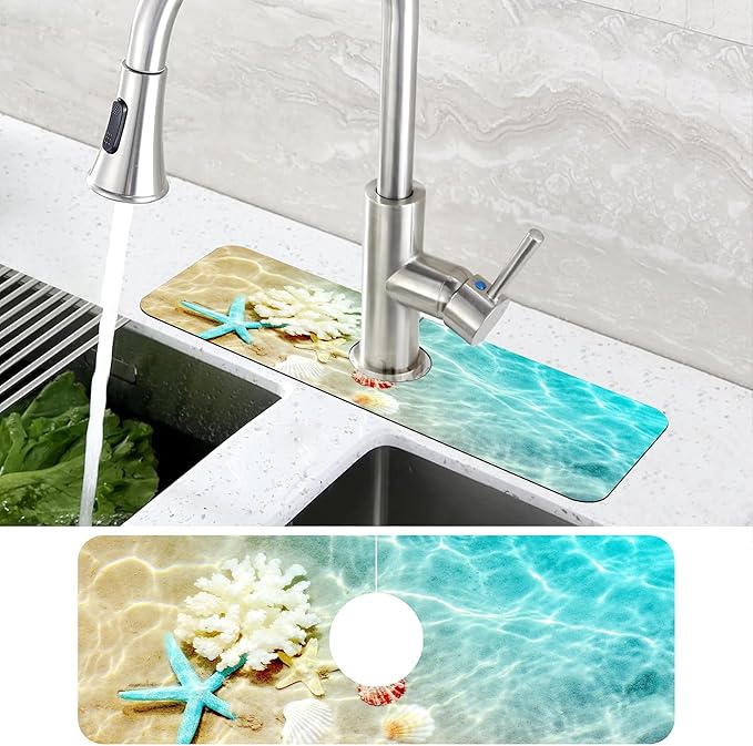 Beach Dish Drying Mat for Kitchen Sink Starfish Coral and Seashell Splash Guard