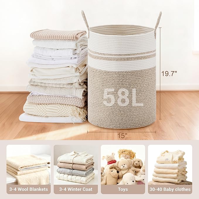 Tall Laundry Basket with Handles, 100L Portable Dirty Clothes Hamper, Boho