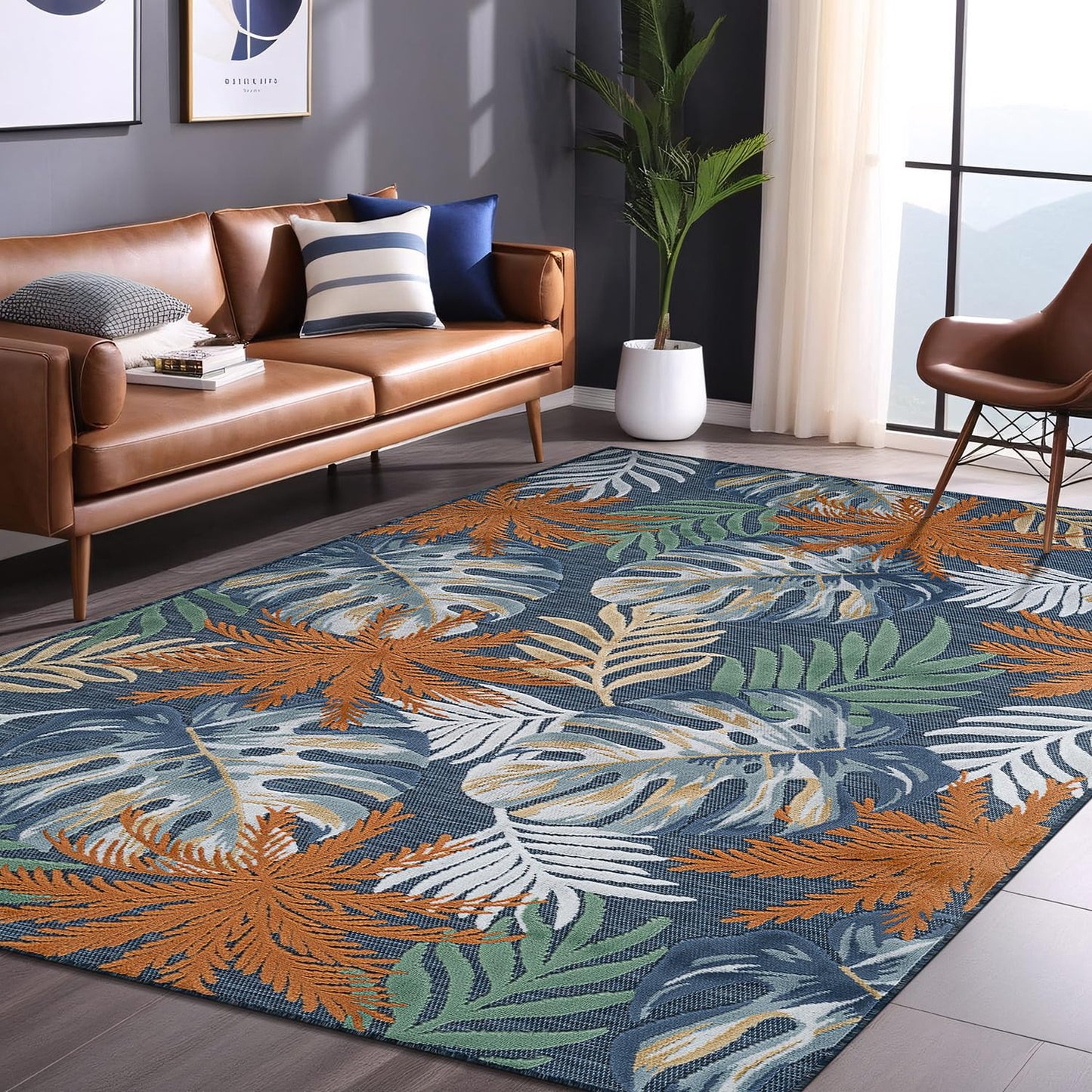 Luul Home Floral Indoor Outdoor Rugs 8x10 Large Area Rug for Living Room, Patio Decor, Kitchen, and Entryway Rug, Washable Stain Resistant Outside Carpet Midnight 8 x 10