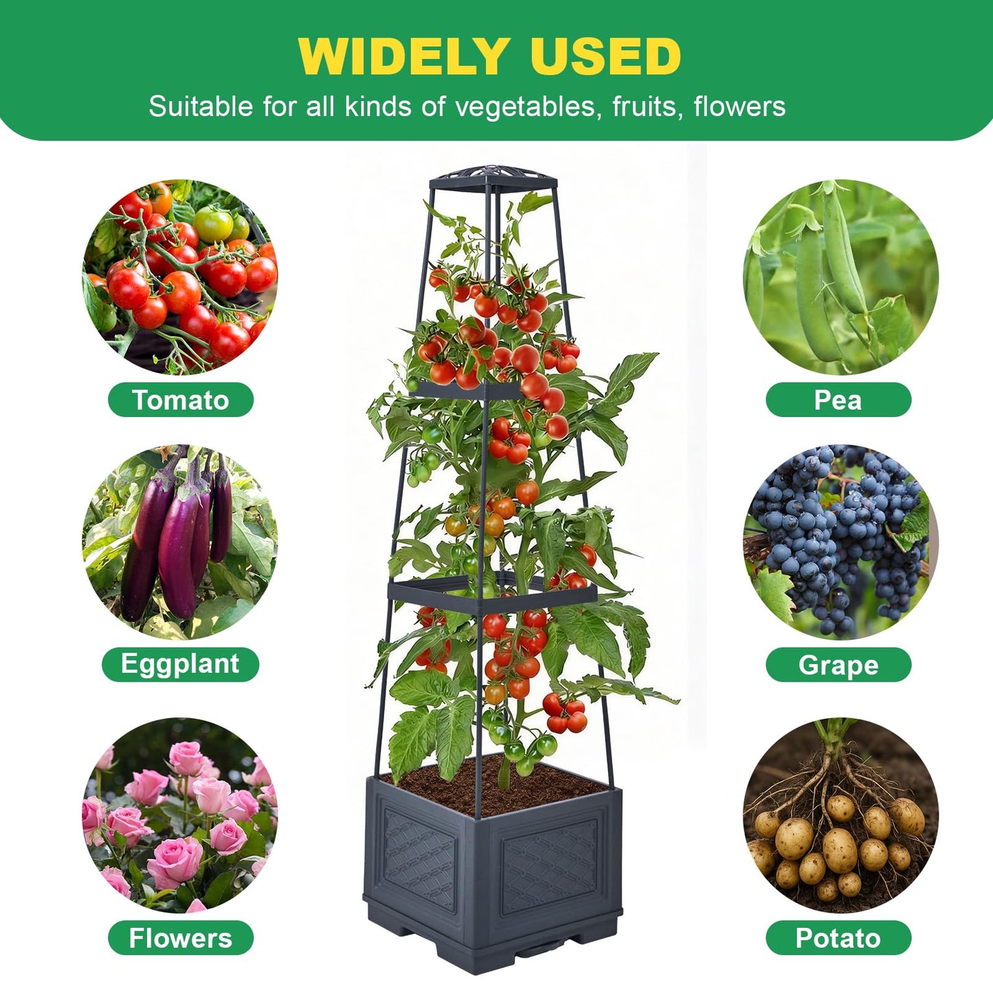 Raised Garden Bed, Tomato Cages for Garden, Tomato Cage, Raised Garden Beds Outdoor, Planter Box with Trellis, 44.8" Self-Watering Tomato Planter for Climbing Plants Vegetables Flowers(With Wheels)