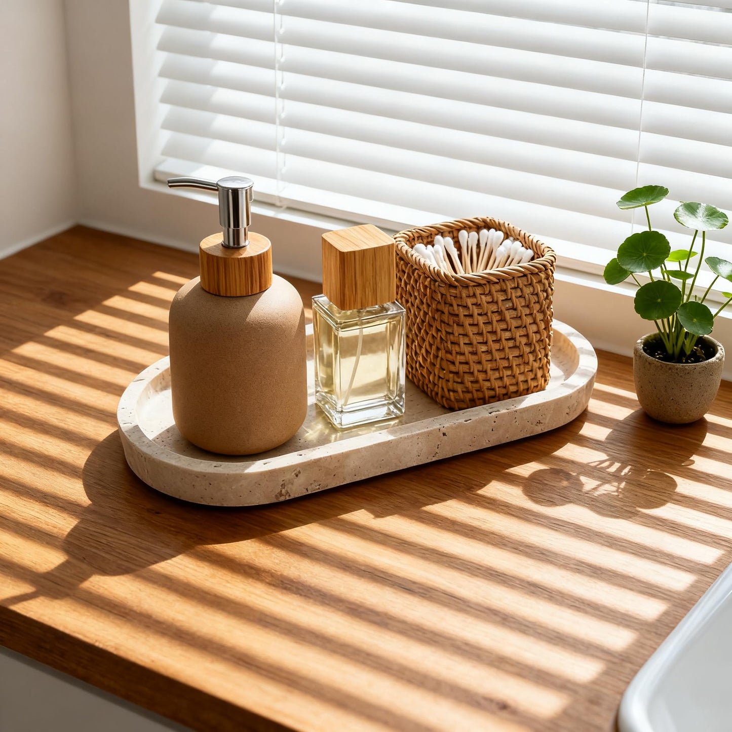 GEOONA Oval Travertine Tray 4.8 in x 9.8 in for Bathroom Dresser Countertop Organizer, Natural Marble Vanity Tray for Perfume, Candles, Ring, Decorative Jewelry Dish