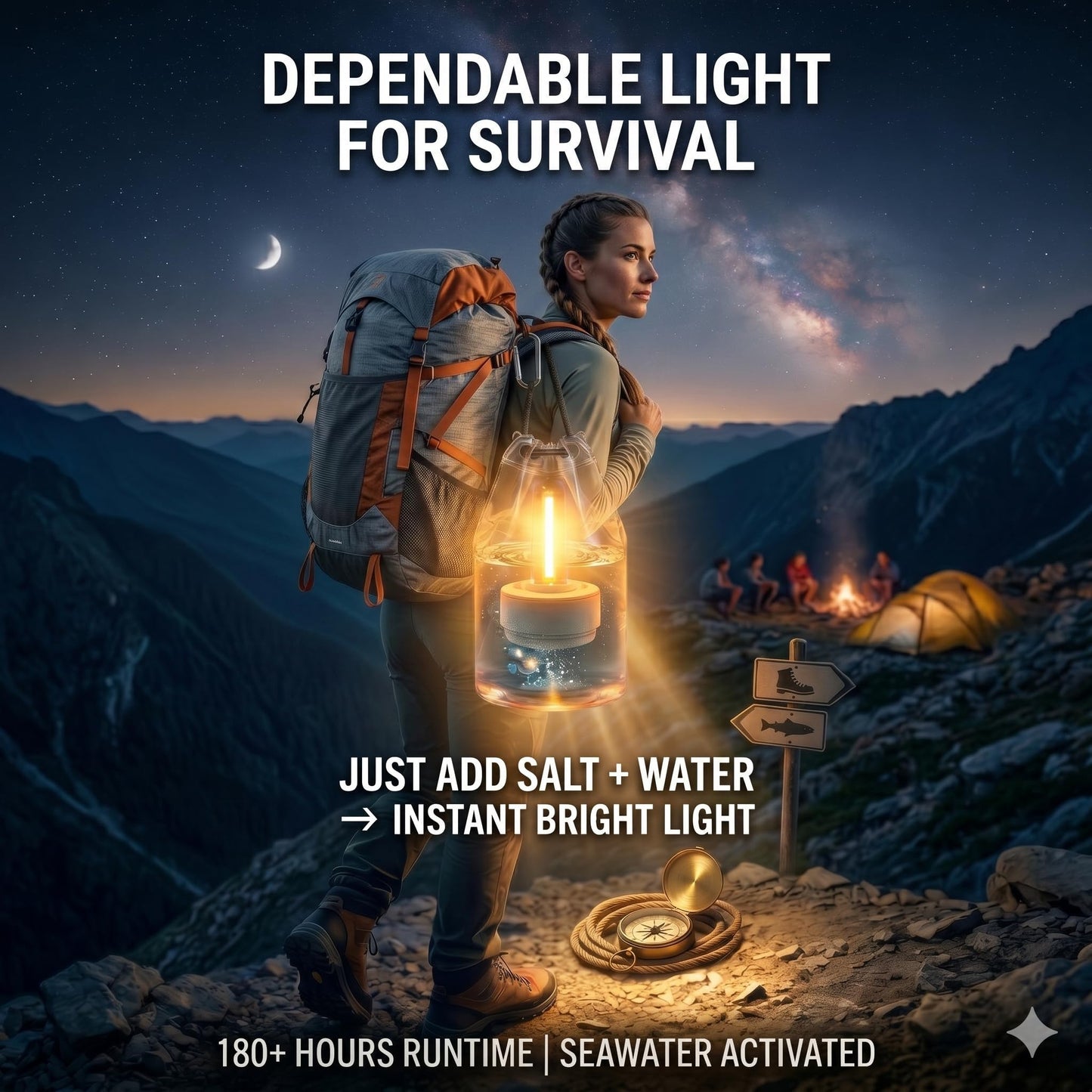 Portable Salt Water Camping Light, No Battery Survival Lantern, Waterproof Floating LED Lamp for Hiking, Fishing, Hurricane & Outdoor Adventures