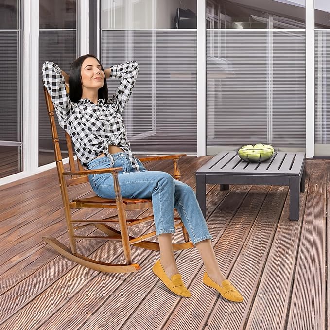 VINGLI Wooden Rocking Chair, Outdoor Chair with 450 lbs Support, Relaxing Rocker with Solid Wood High Back Seat Reclining Seat for Deck, Garden, Backyard, Porch, Indoor or Outdoor Use (Teak, 2PCS)