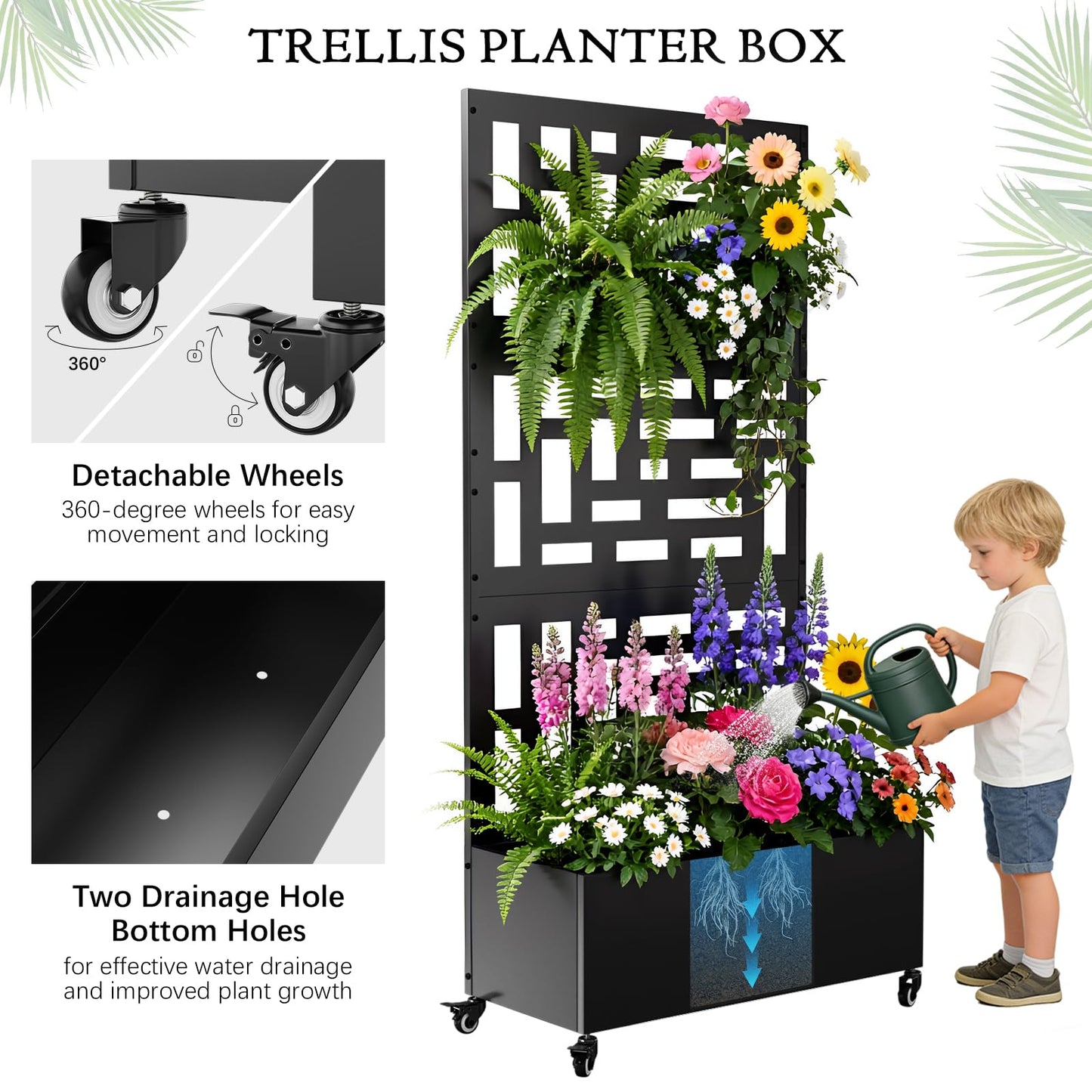 Baotree Metal Raised Garden Bed with Trellis and Wheels, 72"x 35"x 16" Privacy Planters for Patio, Planter Box with Drainage Holes for Climbing Plants, Flower, Vegetable (Black-Helen)