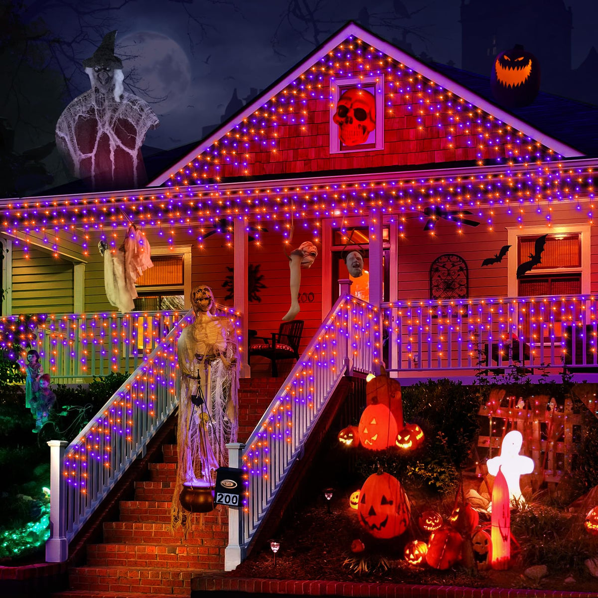 KNONEW 33FT 400 LED Orange Purple Halloween Lights Outdoor Black Wire String Lights with 75 Drops, 8 Lighting Modes, Timer Memory Function Connectable Hanging Curtain Lights for Halloween Party Decor