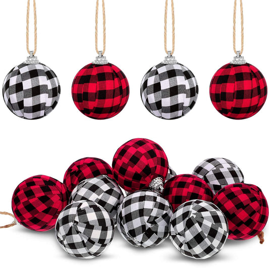 12 Pieces Christmas Buffalo Plaid Fabric Ball Ornament Decorative Plaid Ball Hanging Ornament for Christmas Farmhouse Decorations Supplies (White and Black, Red and Black)