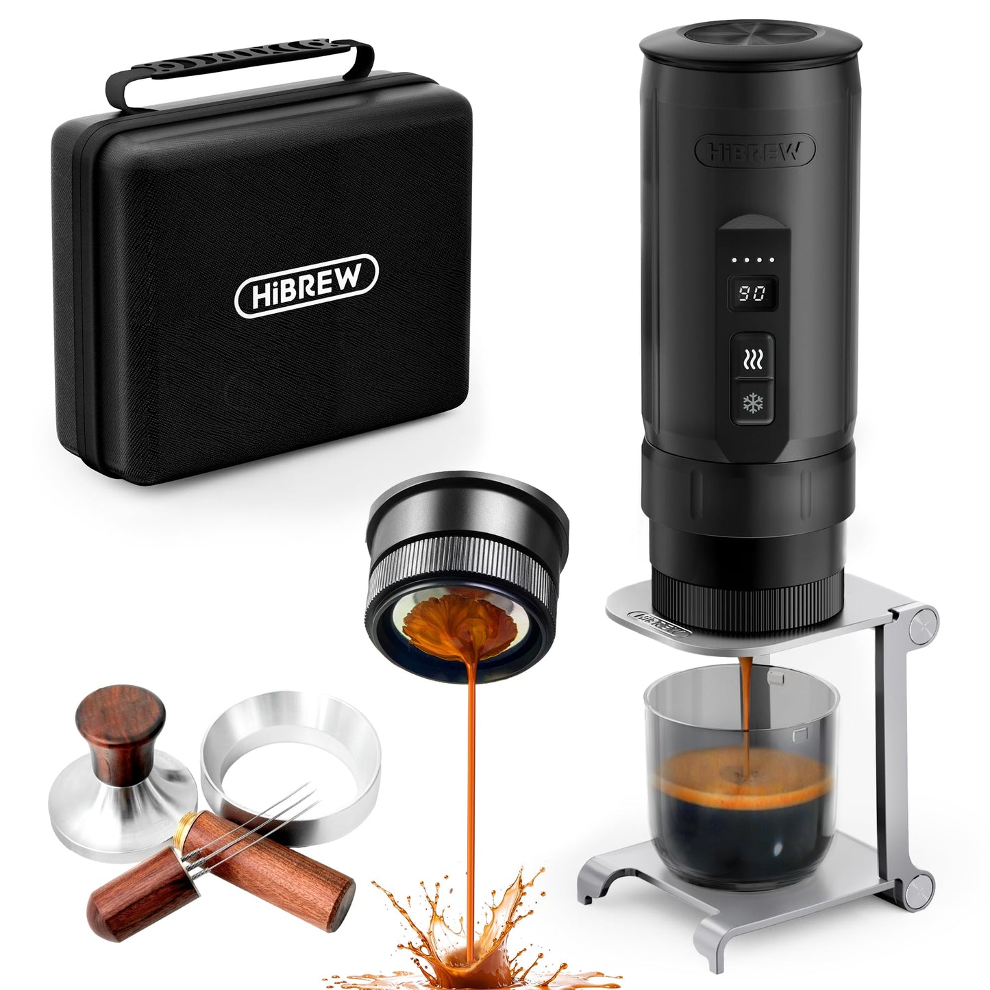 HIBREW H4C Ultra - Portable Electric Espresso Maker, 51mm Bottomless Professional Coffee Maker, USB-C Rechargeable for Ground Coffee,Compact for Camping and Travel,with Foldable Holder & Carrying Case