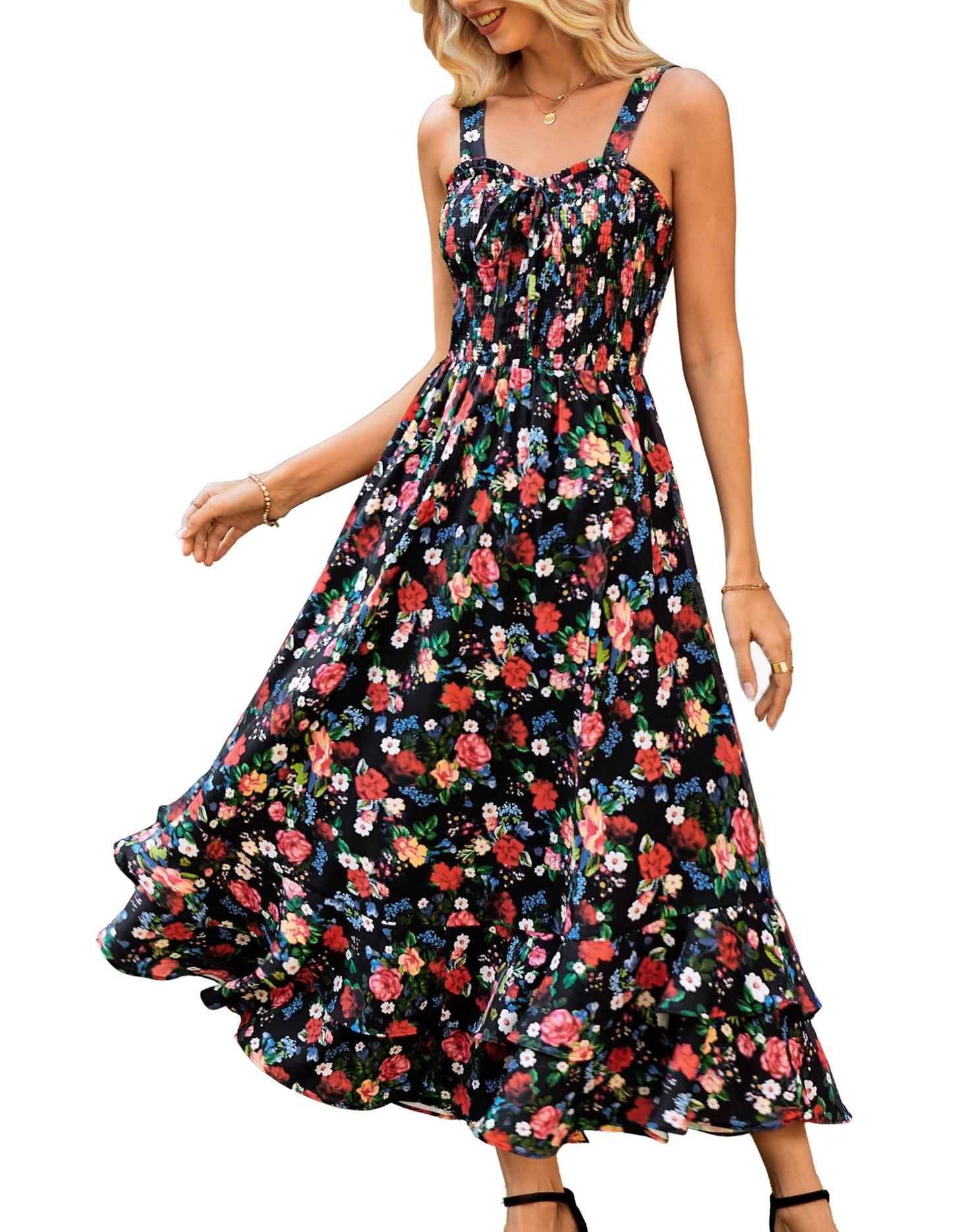 GRACE KARIN Women's 2025 Summer Floral Boho Dress Square Neck Strapped Swing A Line Sundress Beach Long Maxi Outfits