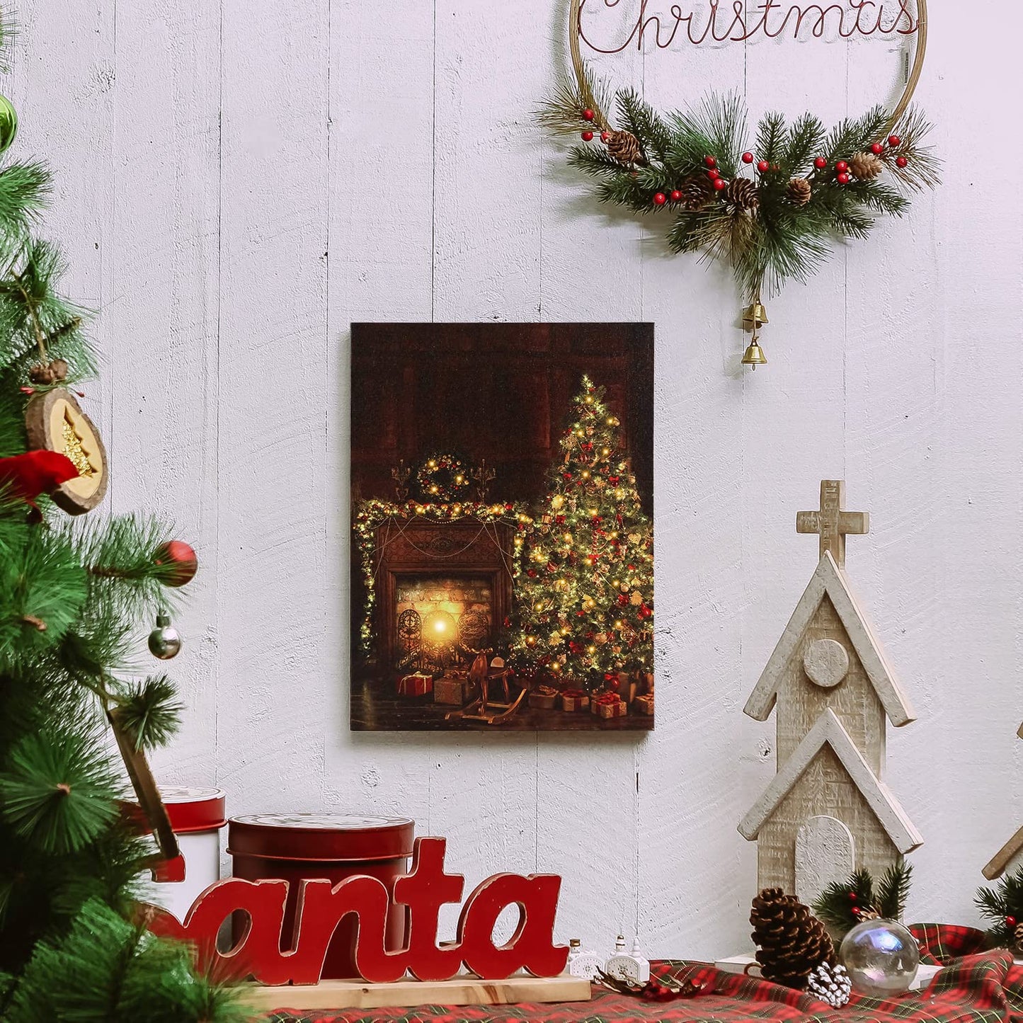 NIKKY HOME 16" x 12" Christmas LED Lighted Canvas Wall Art Prints Light Up Tree Wreath Fireplace Picture for Holiday Decor