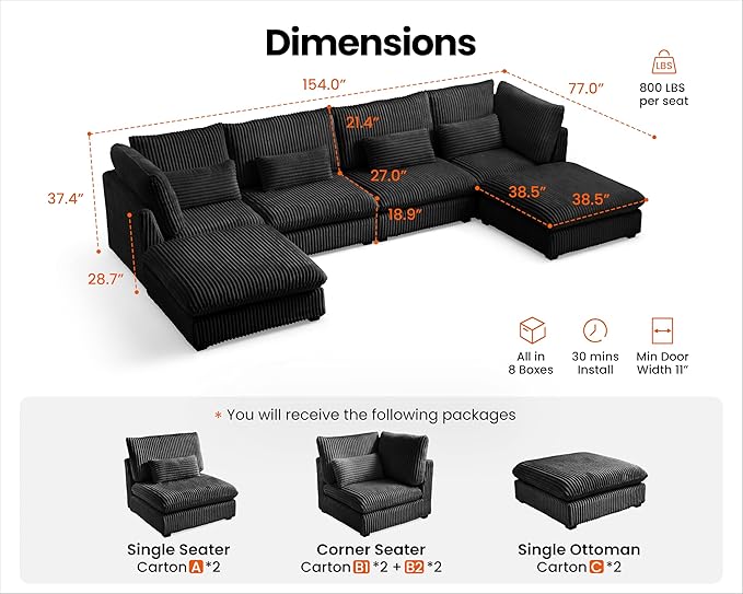 154" Oversized Corduroy Couch Modular Sectional Sofa, Washable Cloud Couch