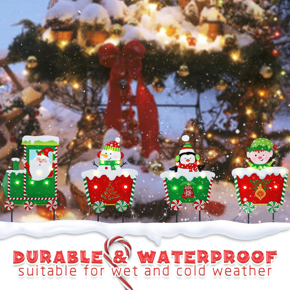 WONDER GARDEN Christmas Metal Yard Stakes, Lighted 4 Pack Christmas Garden Stakes Yard Signs, Outdoor Decorations Train with Santa, Snowman, Penguin, Boy for Lawn Party Outside