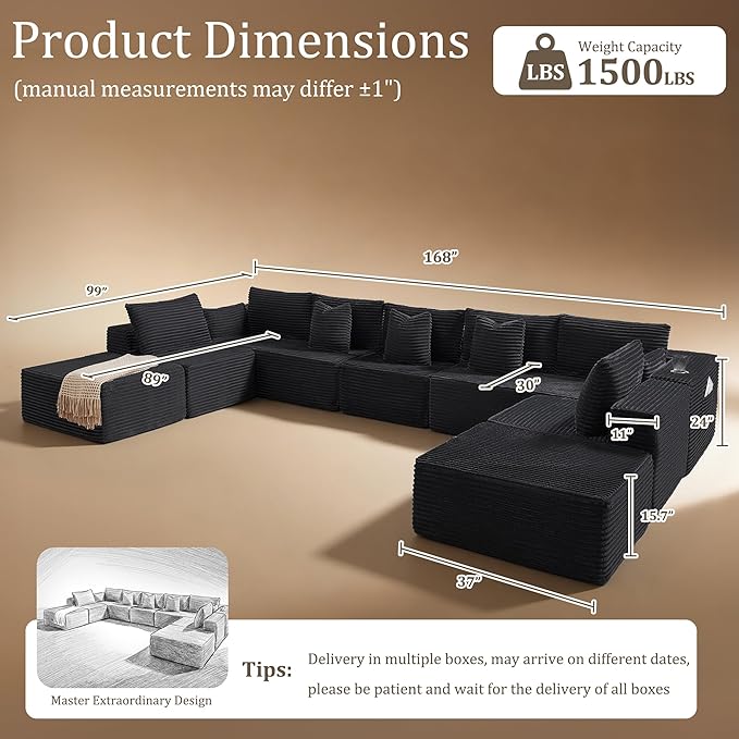 168" Cloud Sectional Couch, Comfort U Shaped Sofa