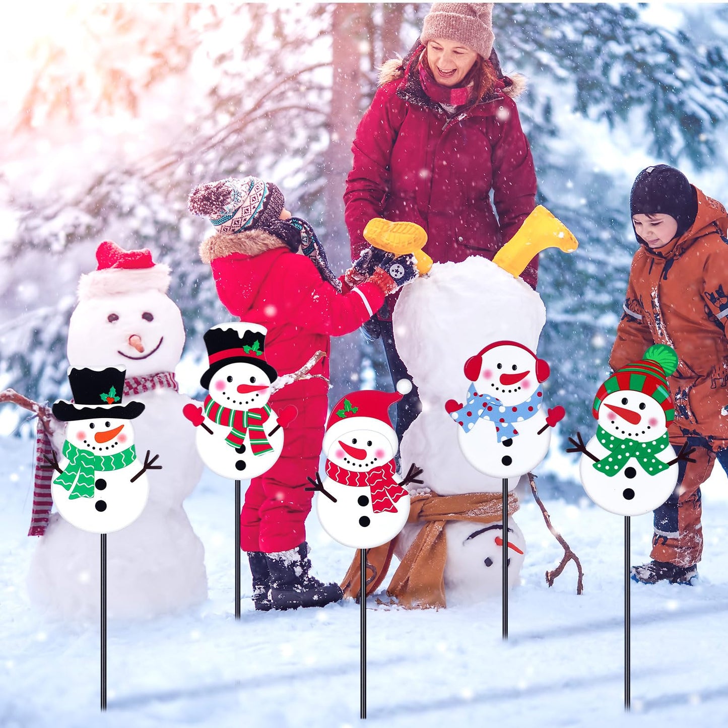 Roowest 5 Pack 12'' H Metal Winter Yard Stakes Outdoor Decorations Snowman Garden Signs Christmas Potted Plant Stakes for Holiday Winter Home Lawn Garden Porch Walkway Party Decor