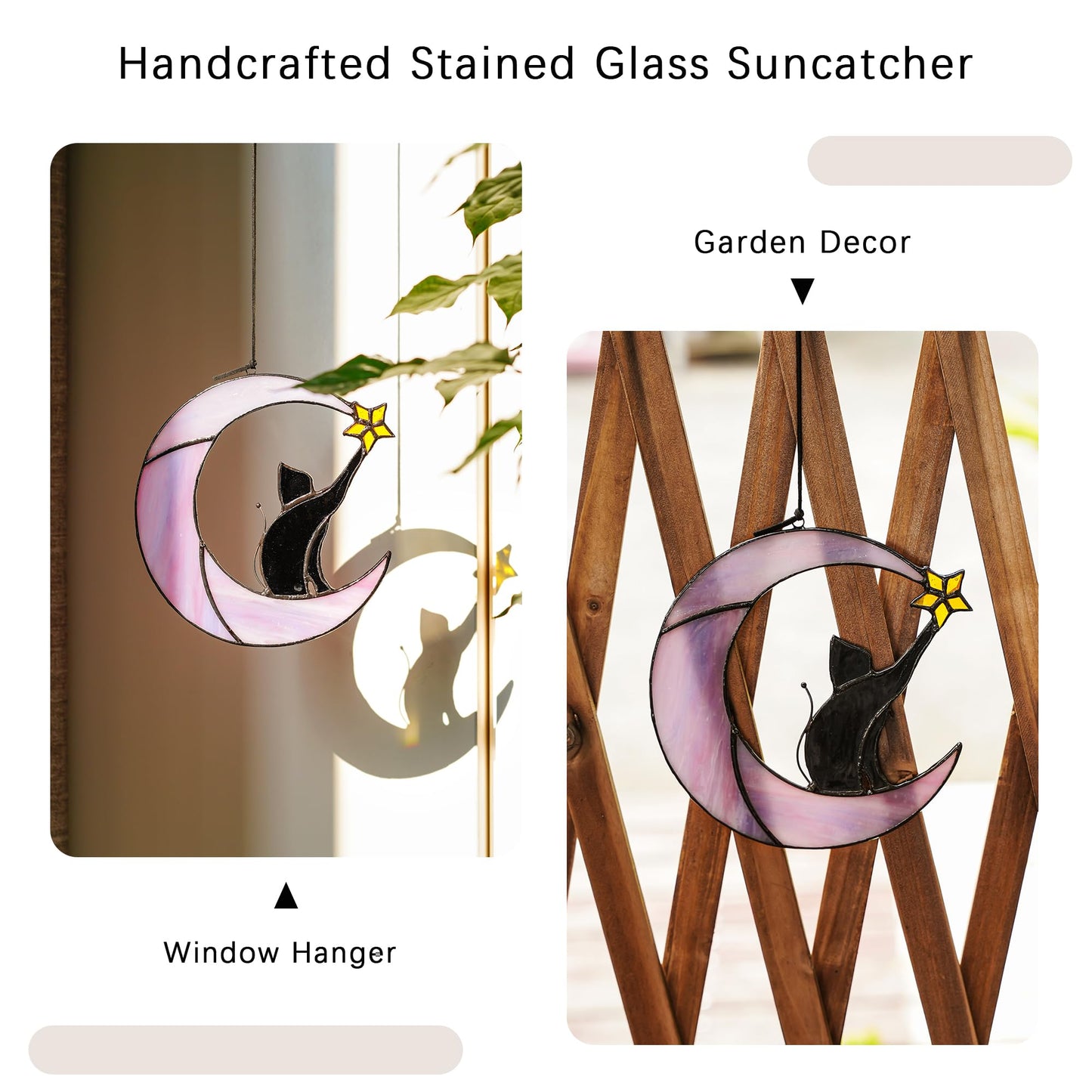 HDCRYSTALGIFTS 6.5'' Black Cat Decor on Purple Moon Stained Glass Window Hanging Suncatcher,Wall Art Glass Window Panel Sun Catcher,Halloween Decoration Memorial Gift for Lover Cat Loss