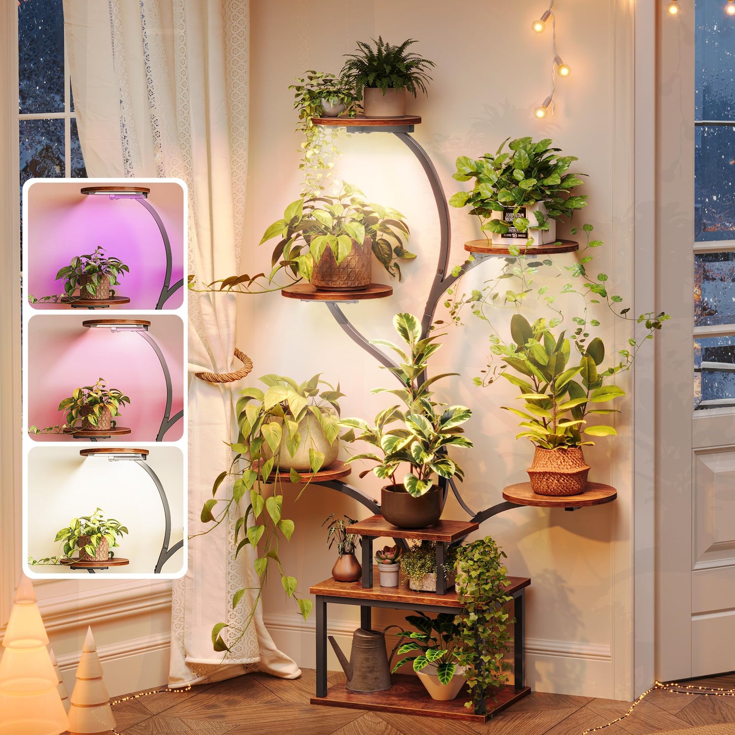 PRAISUN 51 Inch Plant Stand with Grow Lights, 8 Tiered Indoor Plant Shelf with Larger Flower Holder, Curved-tubed Design, 3 Light Modes, Corner Plant Rack for Living Room, Rustic Brown