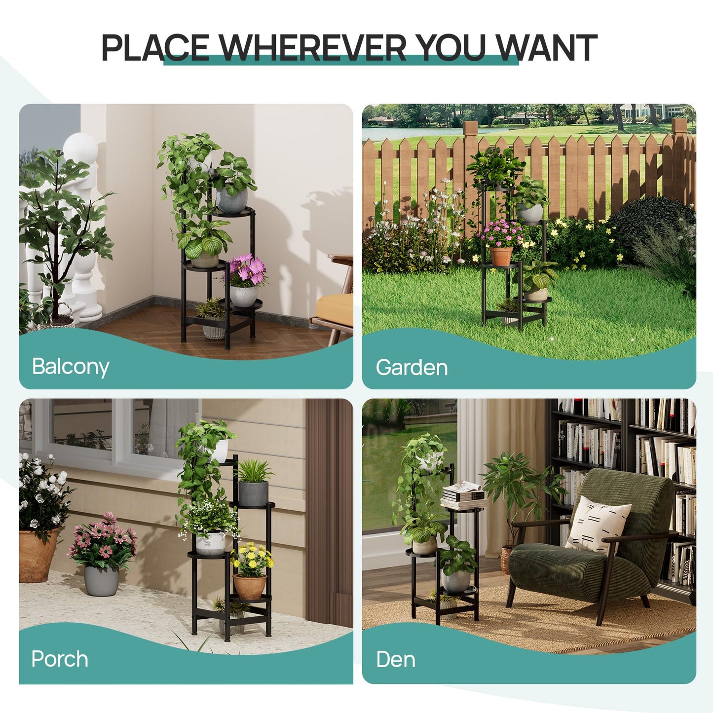 viewcare 4-Tier Plant Stand, Heavy Duty Metal Planter Rack -Indoor/Outdoor Shelves - Display Multiple Flower Pots, Iron Plant Organizer for Living Room, Patio & Garden