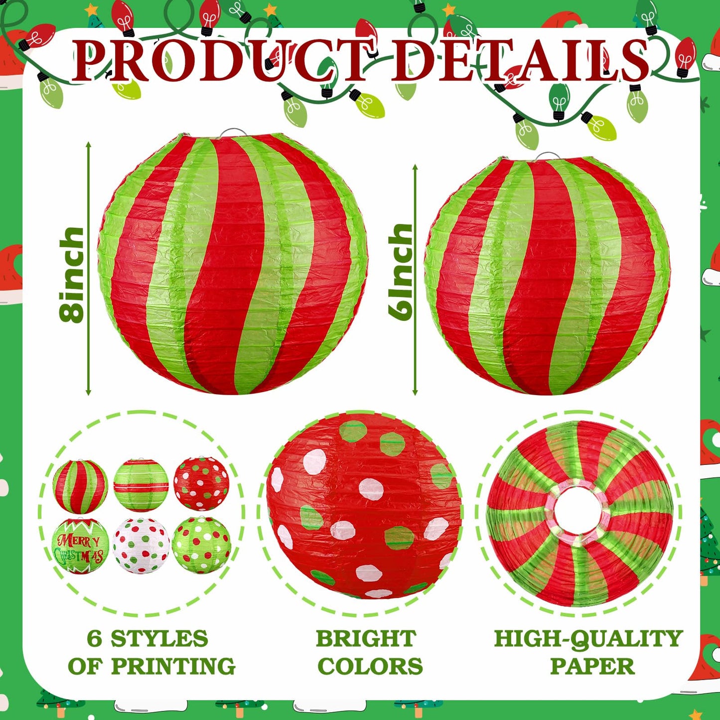 Glooglitter 18 Pcs Red Green Paper Lantern Round Christmas Paper Decorations Lime Green Hanging Balls Swirl Candy Cane Ceiling Hanging Decor for Holiday Party Xmas Home