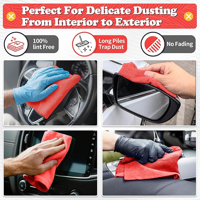 FIXSMITH Microfiber Cleaning Cloth, Shop Towels Bulk, 24 Pack Red Microfiber