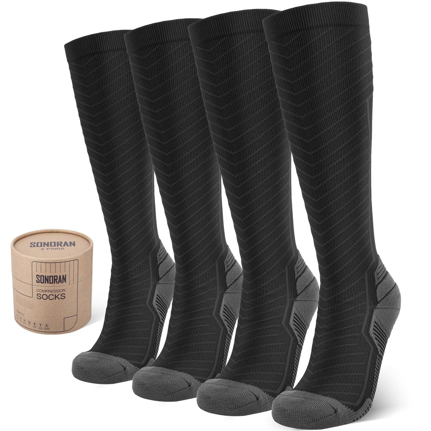 SONORAN 2 Pairs Compression Socks for Women & Men 20-30 mmHg Graduated Compression Stockings Knee High Best Support for Running, Flying, Sports S/M (Black Gray)