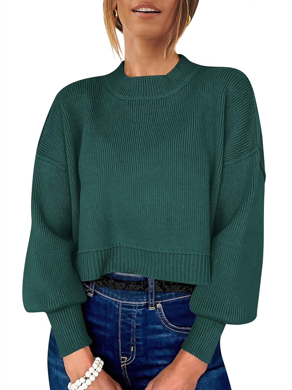 ANRABESS Womens Cropped Sweaters Oversized Crewneck Long Batwing Sleeve Side Slit Ribbed Knit Pullover Tops 2025 Fall Clothes