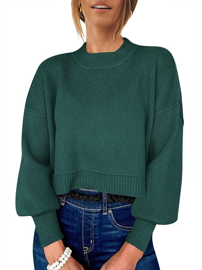 ANRABESS Womens Cropped Sweaters Oversized Crewneck Long Batwing Sleeve Side Slit Ribbed Knit Pullover Tops 2025 Fall Clothes