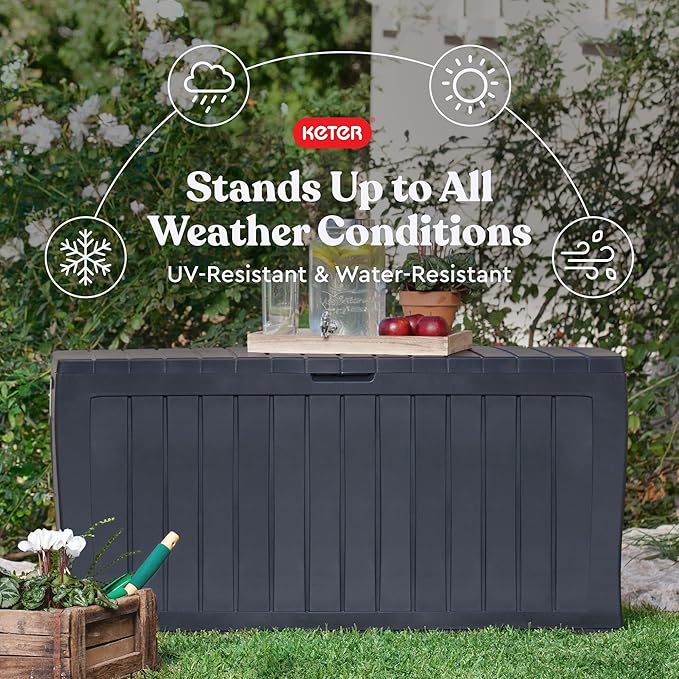 Keter Marvel Plus 71 Gallon Resin Outdoor Storage Box for Patio, Balcony & Garden – Weather‑Resistant Deck Box for Cushions, Pillows, Pool Floats & Tools, Dark Grey